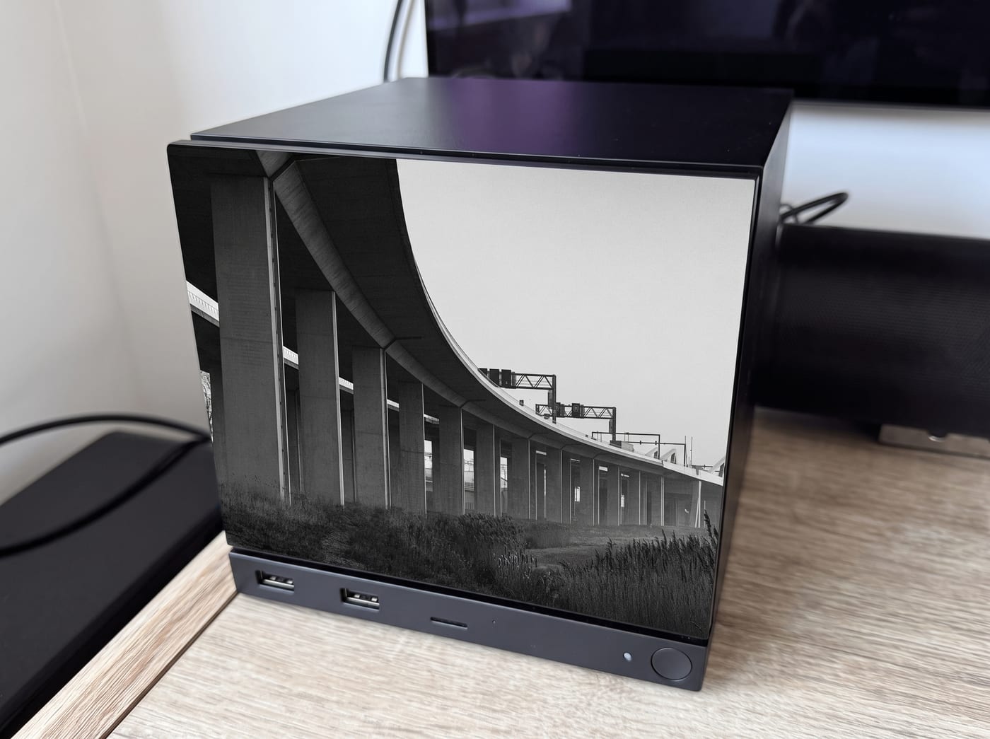 A 2026 Steam Machine with a 3D printed faceplate, seen from the side